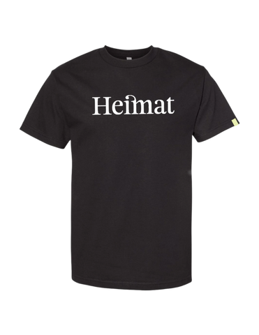 Black t-shirt with 'Heimat' text on a white background
